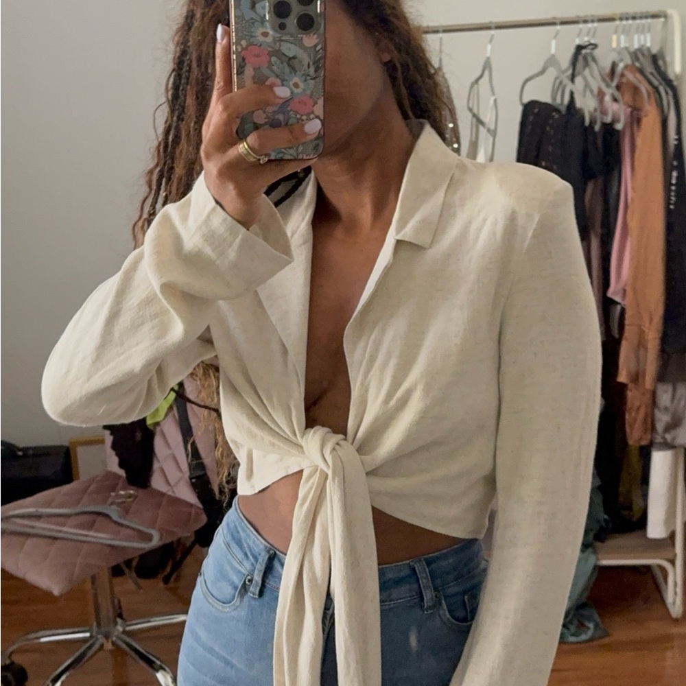 Elegant Cream Tie-Front Blouse